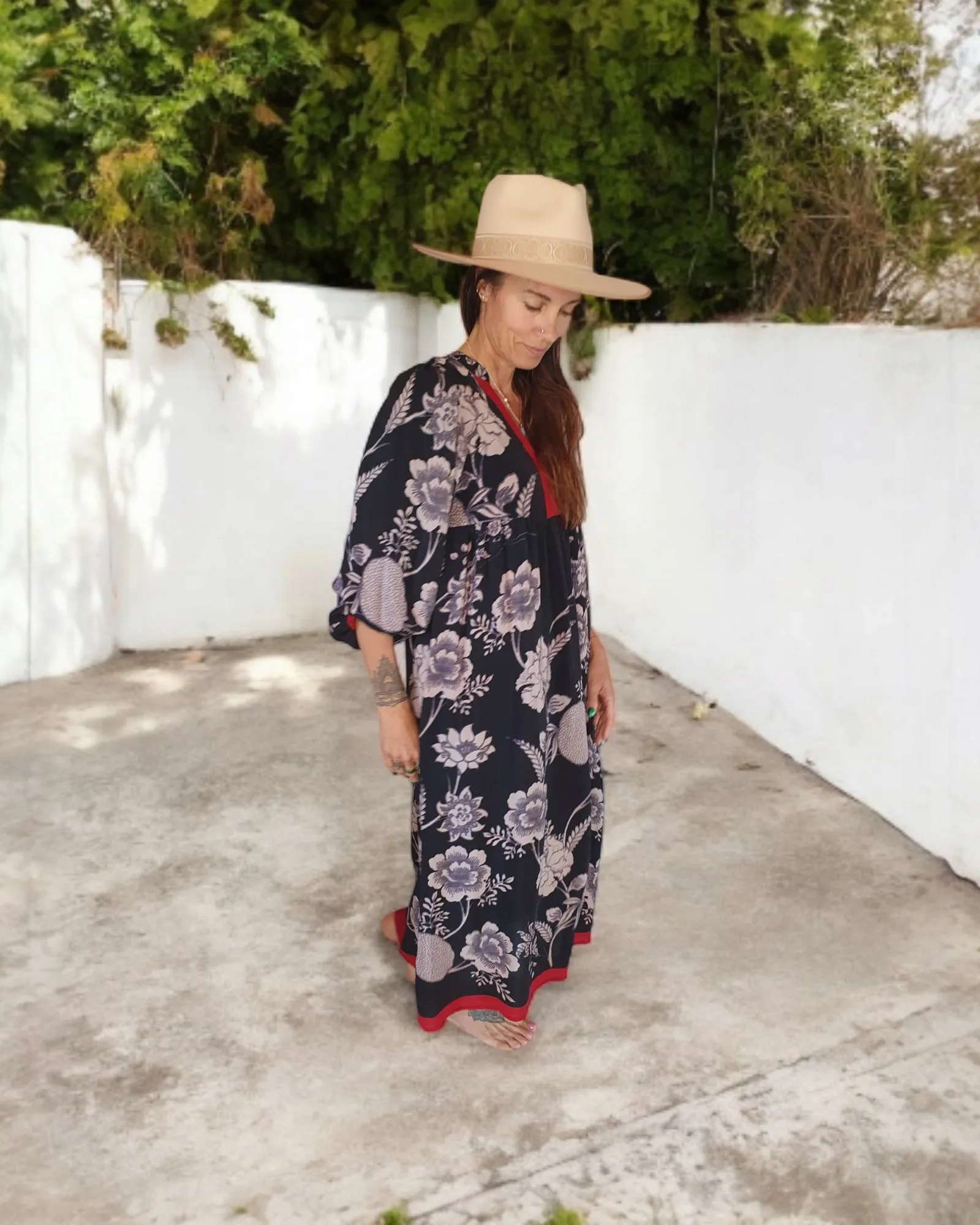 Sundance Revival Dress - black with pale grey flowers and red trims