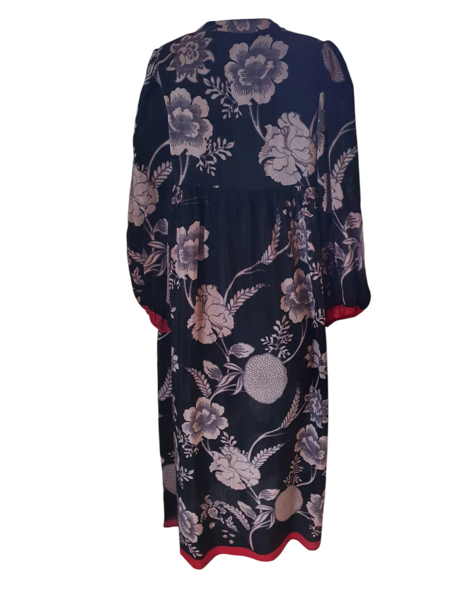 Sundance Revival Dress - black with pale grey flowers and red trims