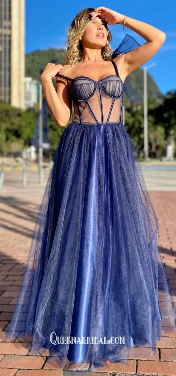 Sweetheart Lace-up Straps See Through A-line Tulle Sparkly Evening Gowns Prom Dresses , WGP159