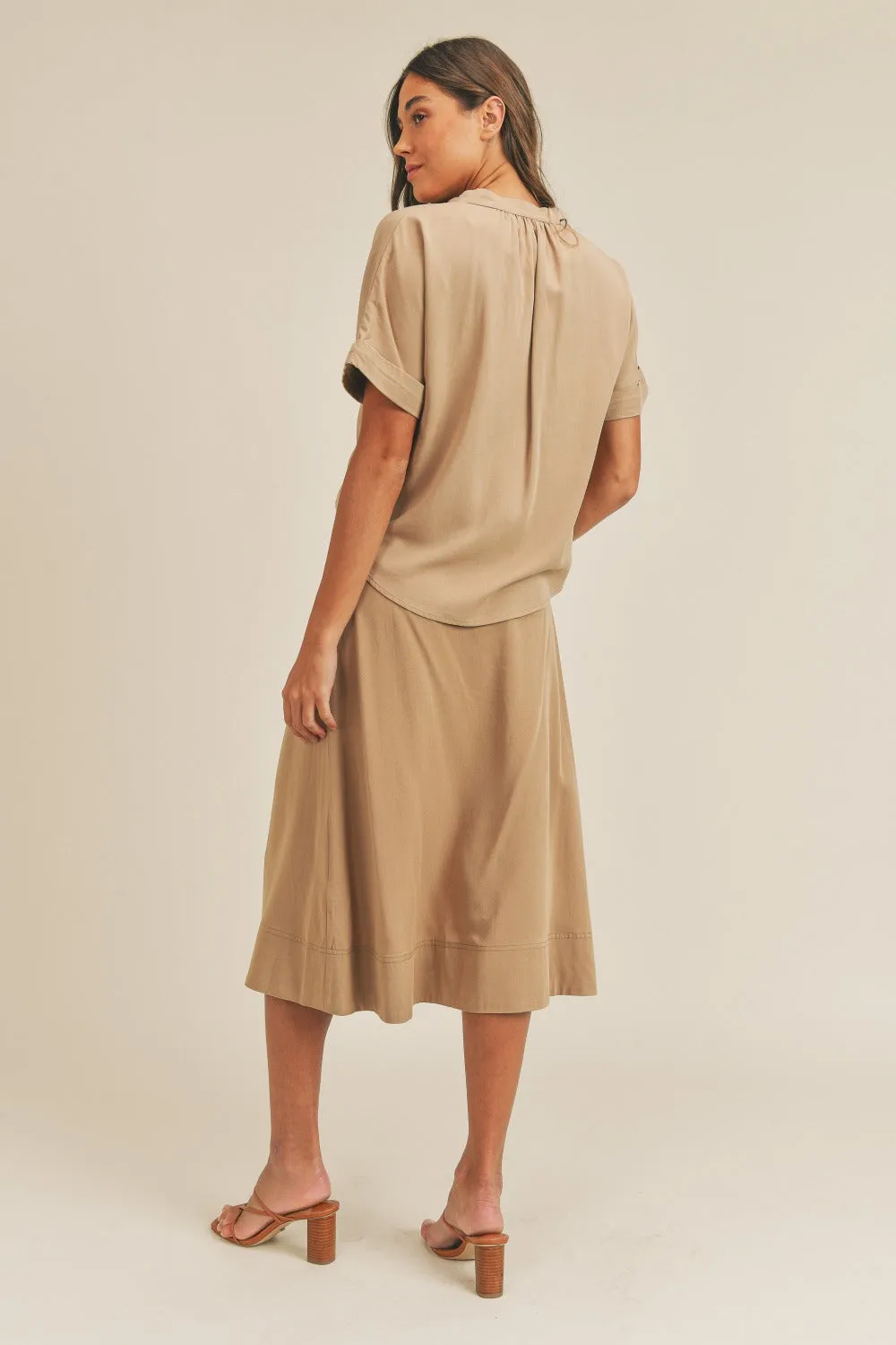 Taupe Utility-Inspired Short Sleeve Top and Button-Down Midi Skirt Set