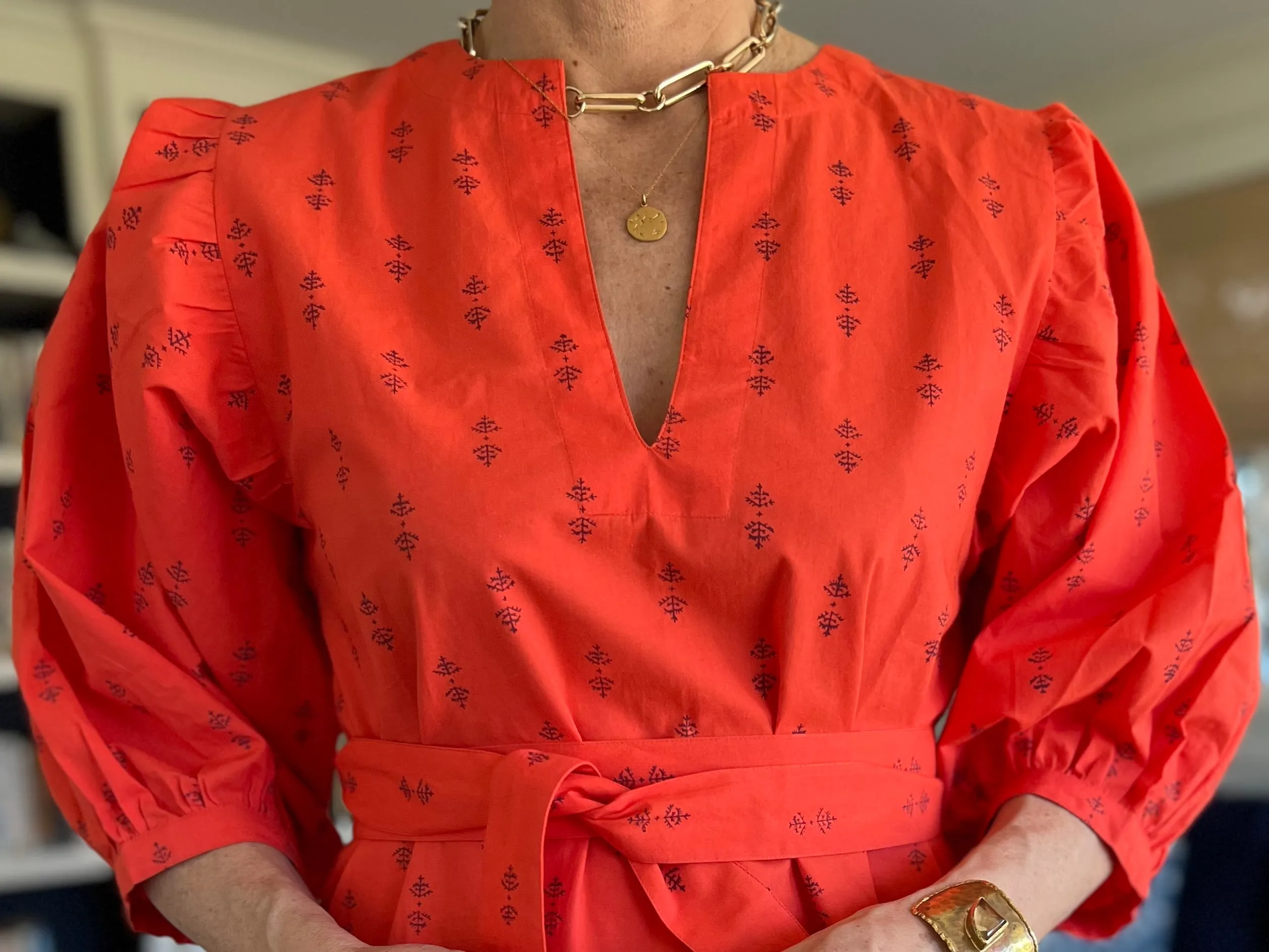 Tomato Staghorn Puff Sleeve Dress