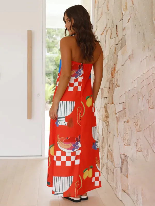 Tropical Print Strapless Maxi Dress with Flowy Design