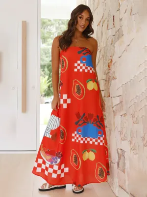 Tropical Print Strapless Maxi Dress with Flowy Design