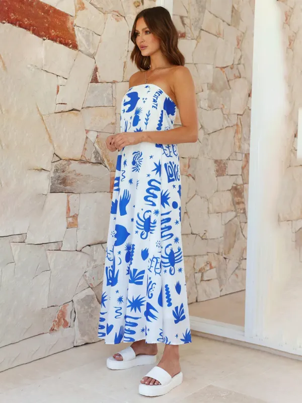 Tropical Print Strapless Maxi Dress with Flowy Design
