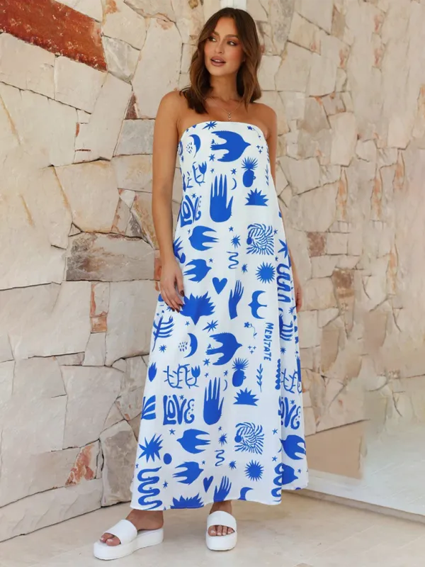 Tropical Print Strapless Maxi Dress with Flowy Design