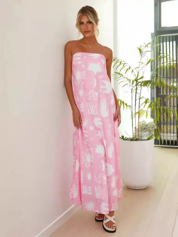 Tropical Print Strapless Maxi Dress with Flowy Design
