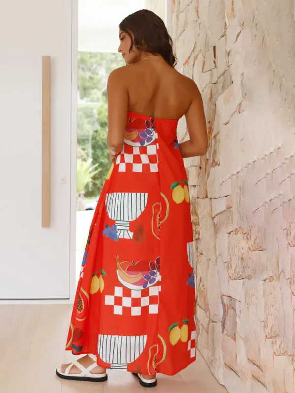 Tropical Print Strapless Maxi Dress with Flowy Design