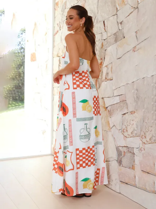Tropical Print Strapless Maxi Dress with Flowy Design