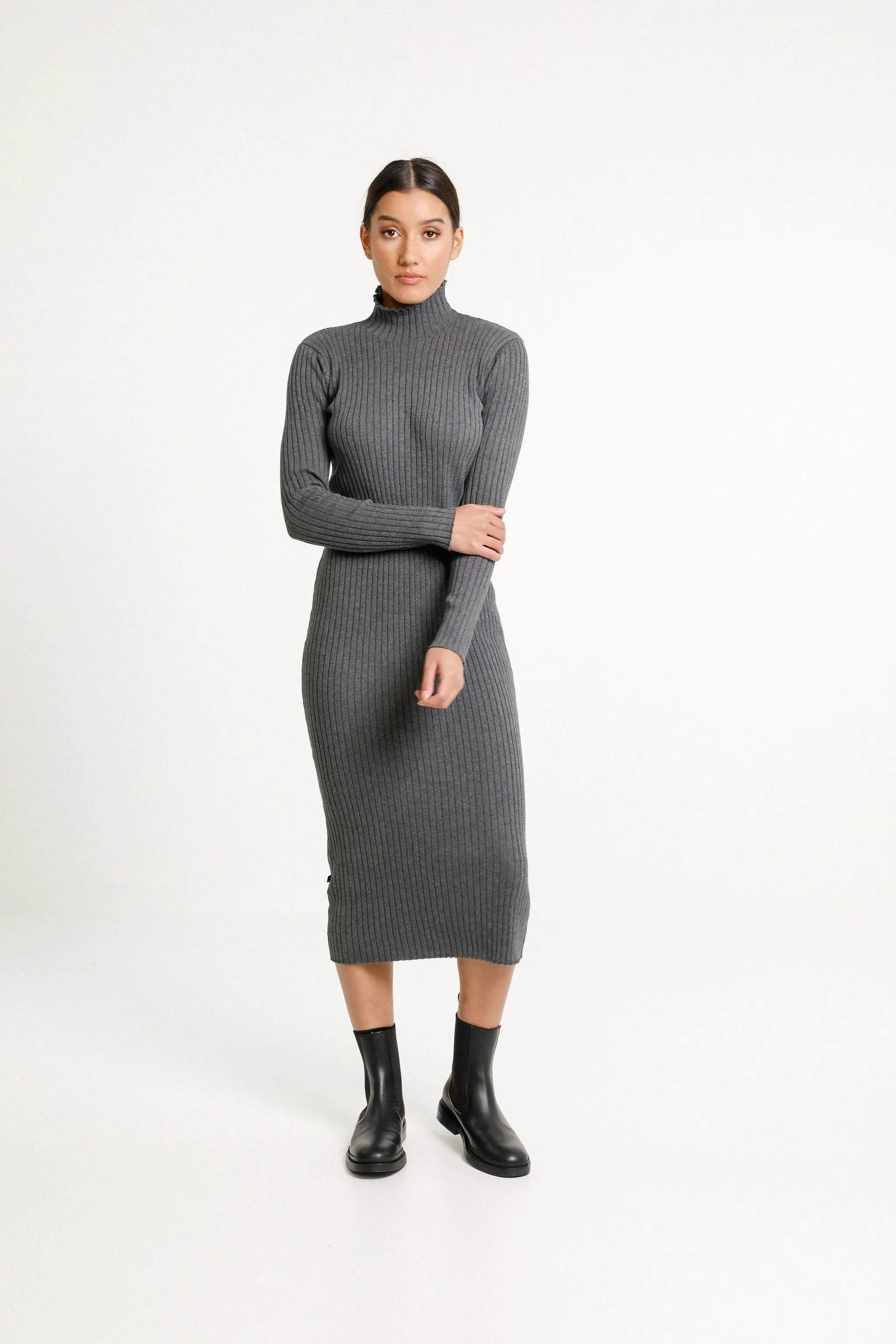 TURTLE NECK DRESS - ASH
