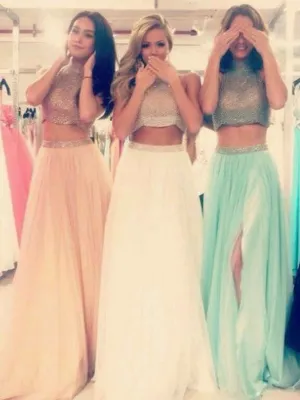Two Pieces High Neck Side Slit A-line Evening Party Prom Dresses Online,PD0124