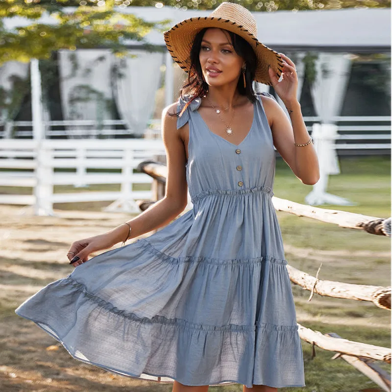 V-neck A-line Dress with Tiered Skirt and Button-Down Front
