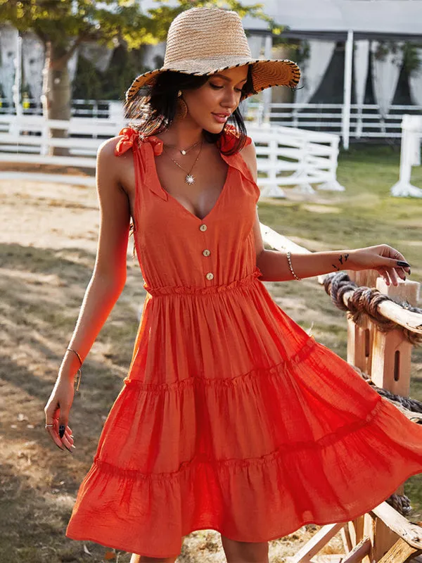 V-neck A-line Dress with Tiered Skirt and Button-Down Front
