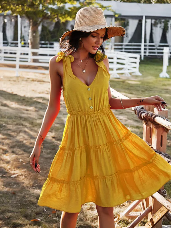 V-neck A-line Dress with Tiered Skirt and Button-Down Front