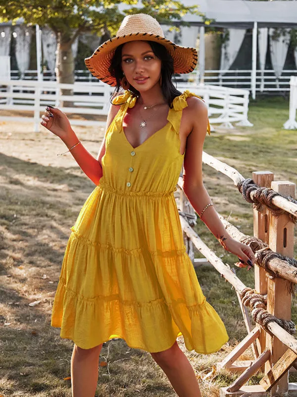 V-neck A-line Dress with Tiered Skirt and Button-Down Front