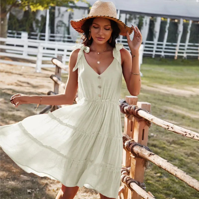 V-neck A-line Dress with Tiered Skirt and Button-Down Front