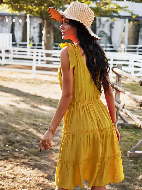 V-neck A-line Dress with Tiered Skirt and Button-Down Front