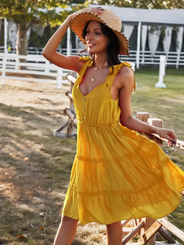V-neck A-line Dress with Tiered Skirt and Button-Down Front
