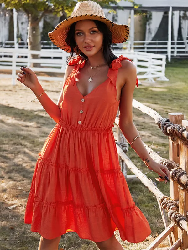 V-neck A-line Dress with Tiered Skirt and Button-Down Front