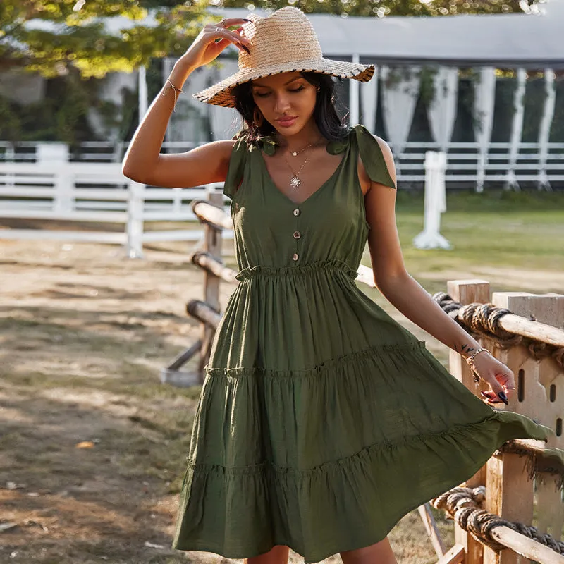 V-neck A-line Dress with Tiered Skirt and Button-Down Front