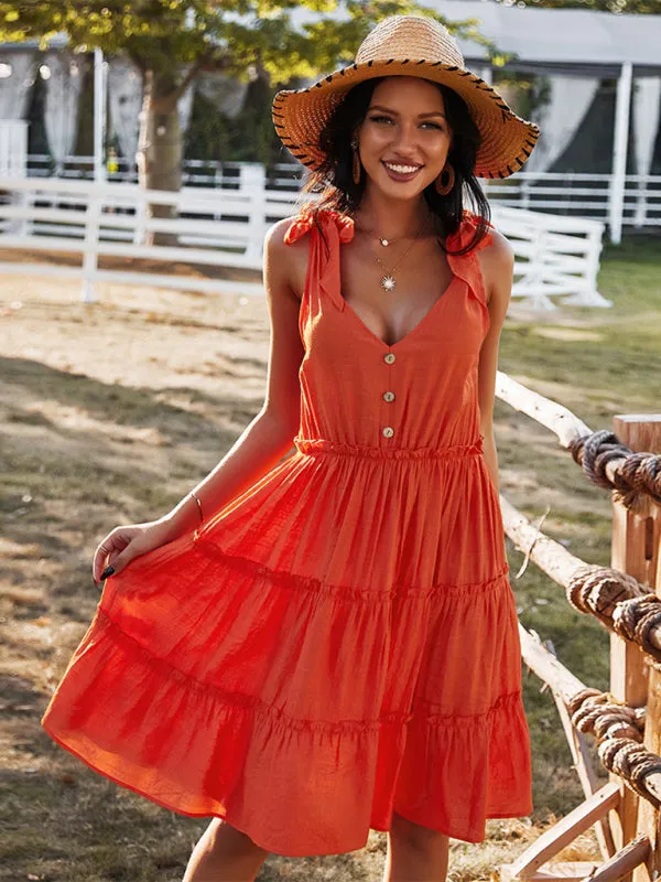 V-neck A-line Dress with Tiered Skirt and Button-Down Front