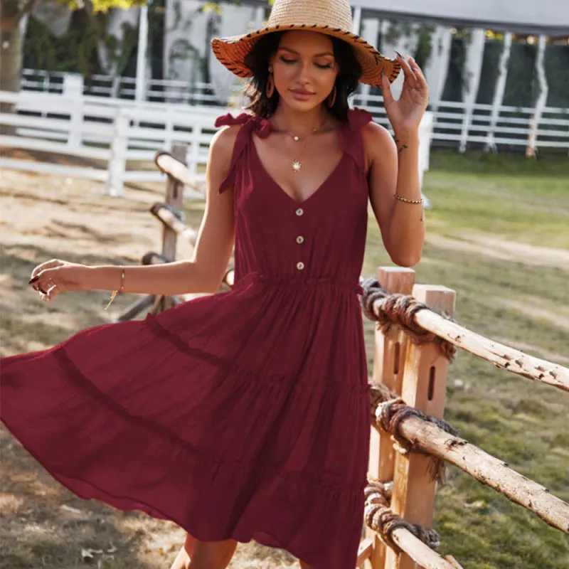 V-neck A-line Dress with Tiered Skirt and Button-Down Front