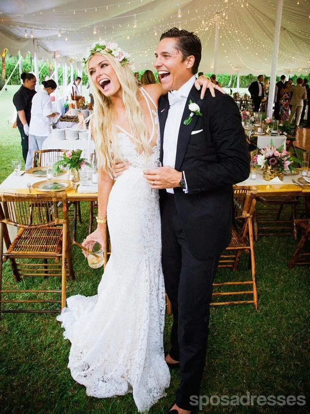 V Neck See Through Mermaid Cheap Wedding Dresses Online, Cheap Lace Bridal Dresses, WD438