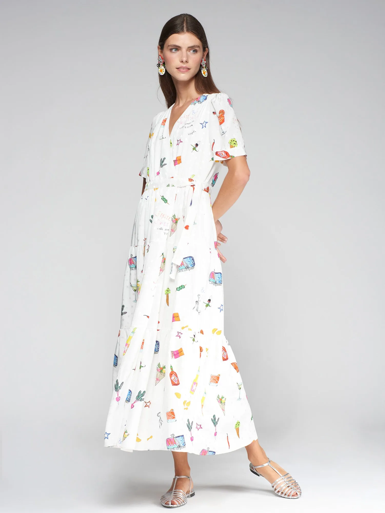 Vilagallo White Summer Fun Print Belted Maxi Dress