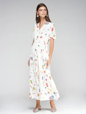 Vilagallo White Summer Fun Print Belted Maxi Dress