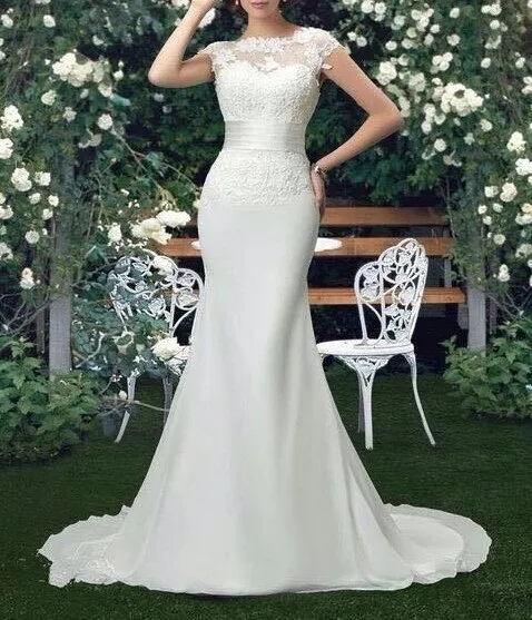 Wedding Dresses Court Train Short Sleeve Brides Dress