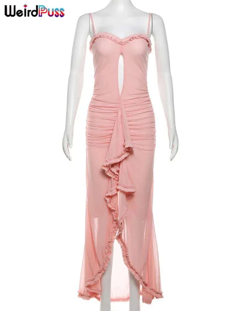 Weird Puss Hollow Ruffles Dress Woman Summer Spaghetti Strap Sexy Irregular Tassel  Patchwork Fungus Trim Mesh Skinny Vestidos