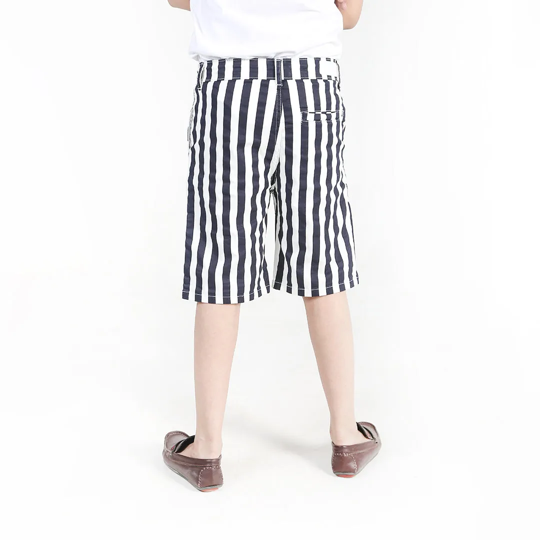 White & Black Striped Twill Shorts