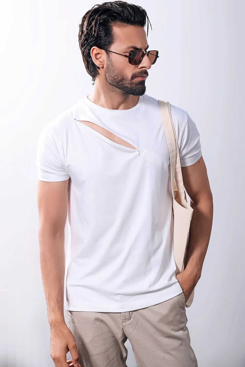 White Asymmetric Zip Crew Neck