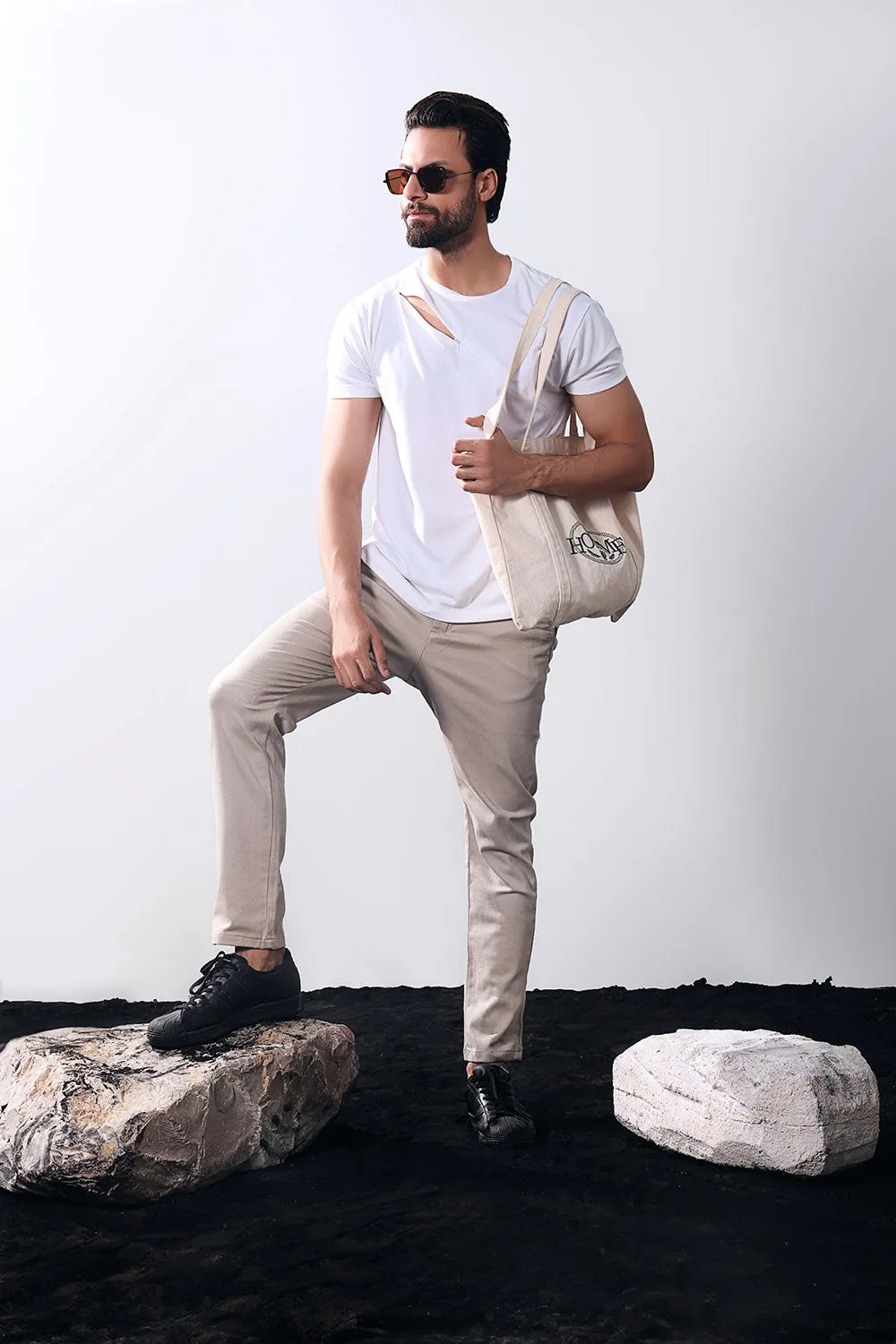 White Asymmetric Zip Crew Neck