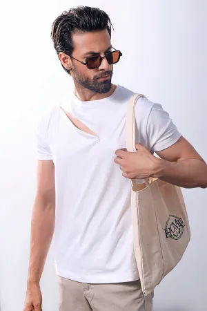 White Asymmetric Zip Crew Neck