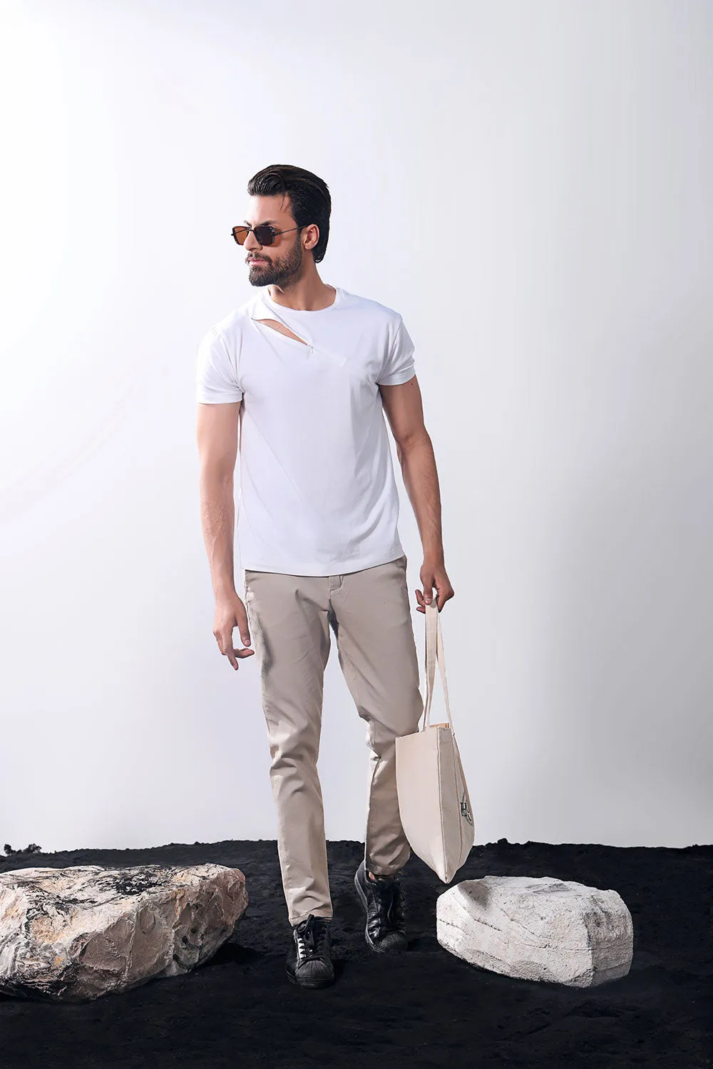 White Asymmetric Zip Crew Neck