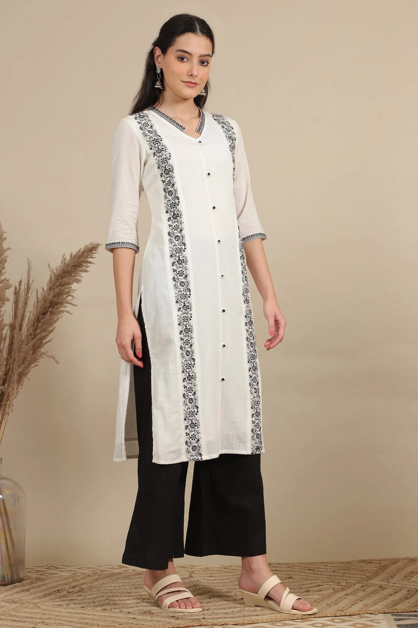 White Thread Embroidered Pure Cotton Straight Kurta and Pflared Palazzo Set