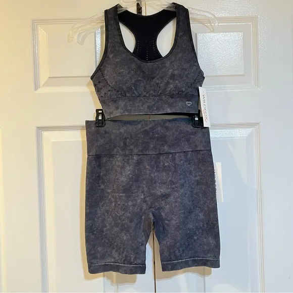 WILDFOX SWEAT-Black Stonewash Look-Laser Detail Sports Bra &amp; Bike Short SET-Sz M