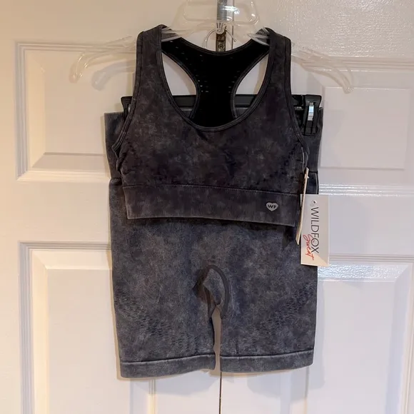 WILDFOX SWEAT-Black Stonewash Look-Laser Detail Sports Bra &amp; Bike Short SET-Sz S