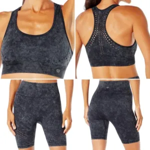 WILDFOX SWEAT-Black Stonewash Look-Laser Detail Sports Bra &amp; Bike Short SET-Sz S