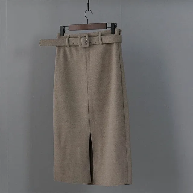 Women Winter Skirt Pink Wool High Waist Midi Skirt With Belt Warm Elegant Pencil Split Skirts