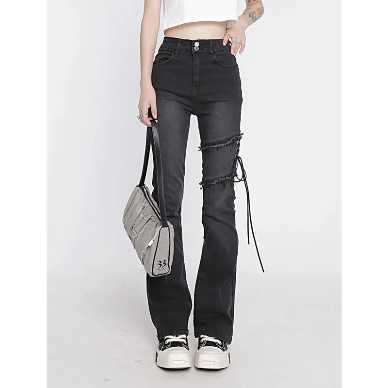 Women's Flare Black Jeans Punk Lacing High Waist Stretchy Self Cultivation Vintage Denim Trousers