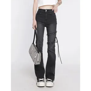 Women's Flare Black Jeans Punk Lacing High Waist Stretchy Self Cultivation Vintage Denim Trousers