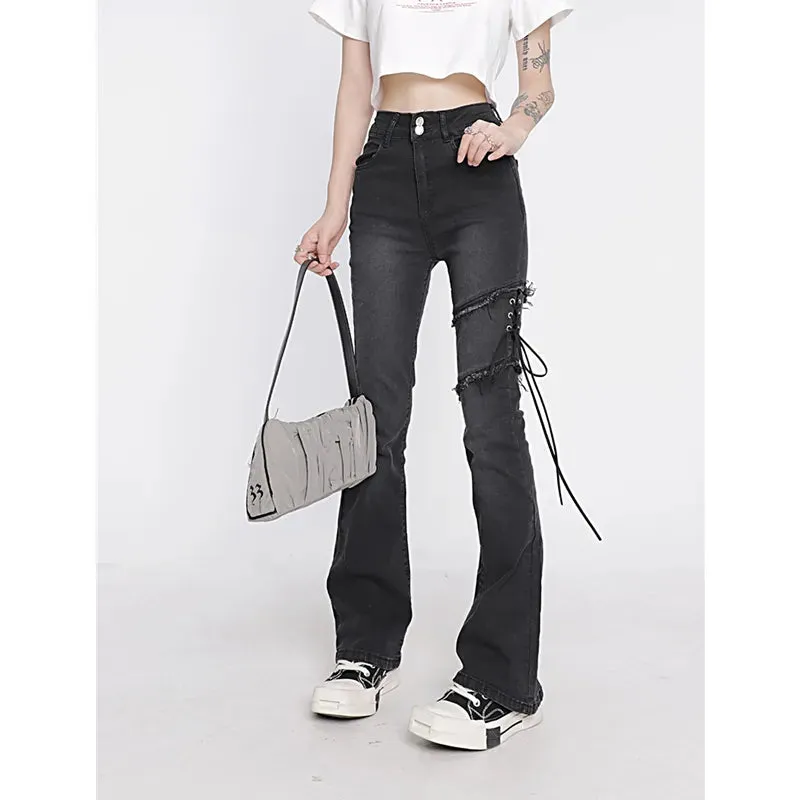 Women's Flare Black Jeans Punk Lacing High Waist Stretchy Self Cultivation Vintage Denim Trousers