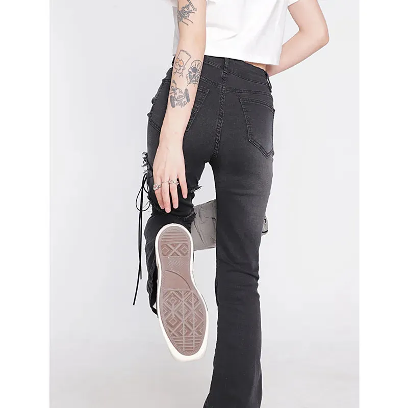 Women's Flare Black Jeans Punk Lacing High Waist Stretchy Self Cultivation Vintage Denim Trousers