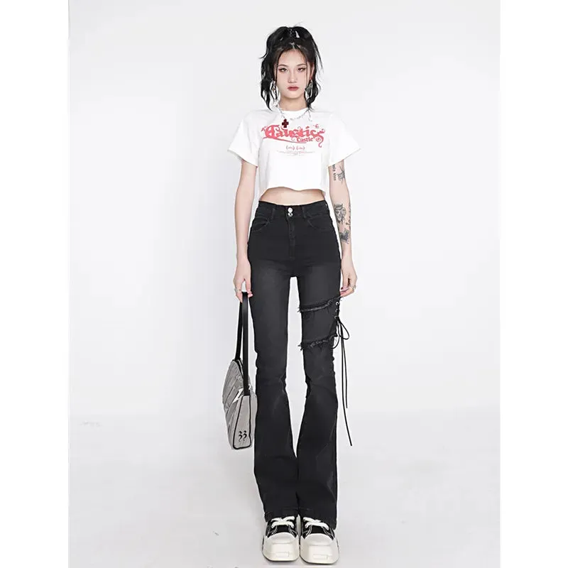 Women's Flare Black Jeans Punk Lacing High Waist Stretchy Self Cultivation Vintage Denim Trousers