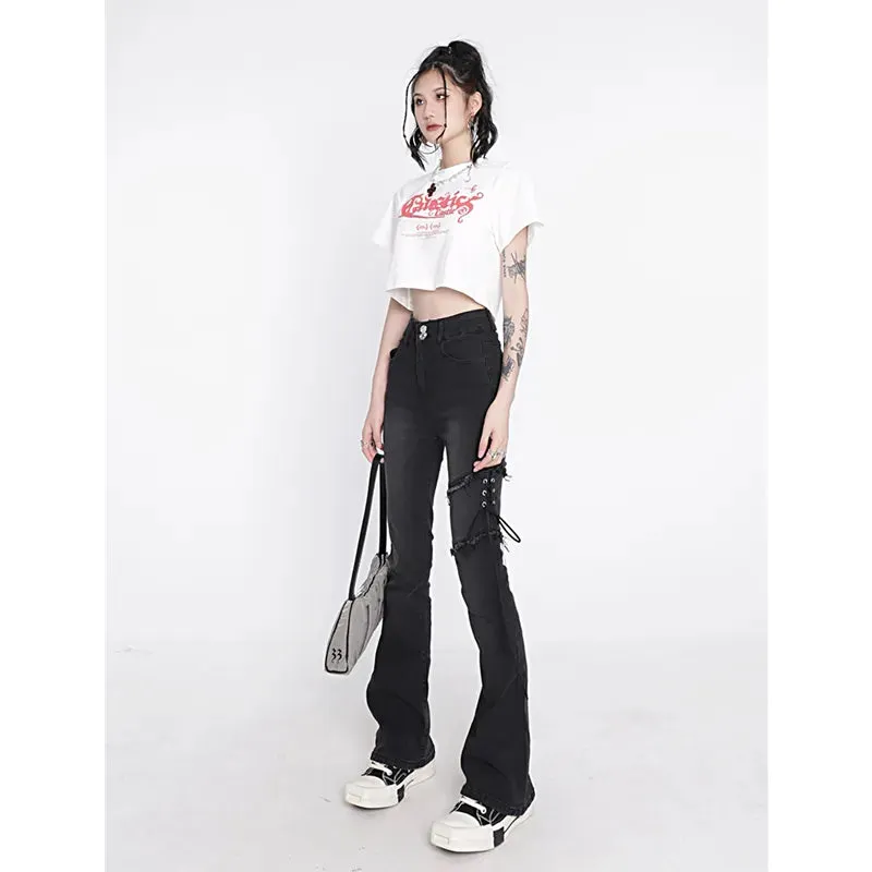 Women's Flare Black Jeans Punk Lacing High Waist Stretchy Self Cultivation Vintage Denim Trousers