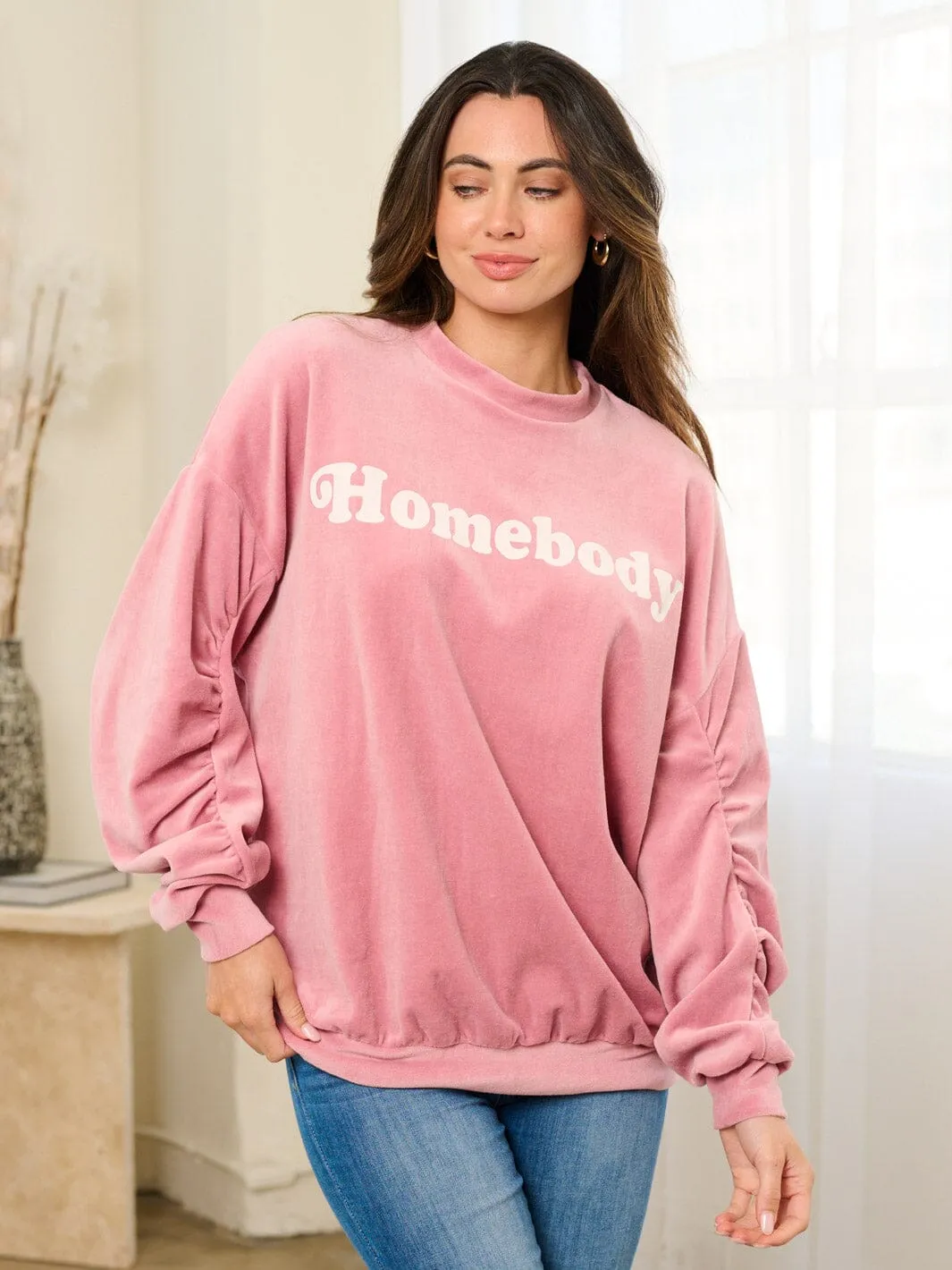 WOMEN'S LONG RUCHED SLEEVE  PULLOVER GRAPHIC SWEATER