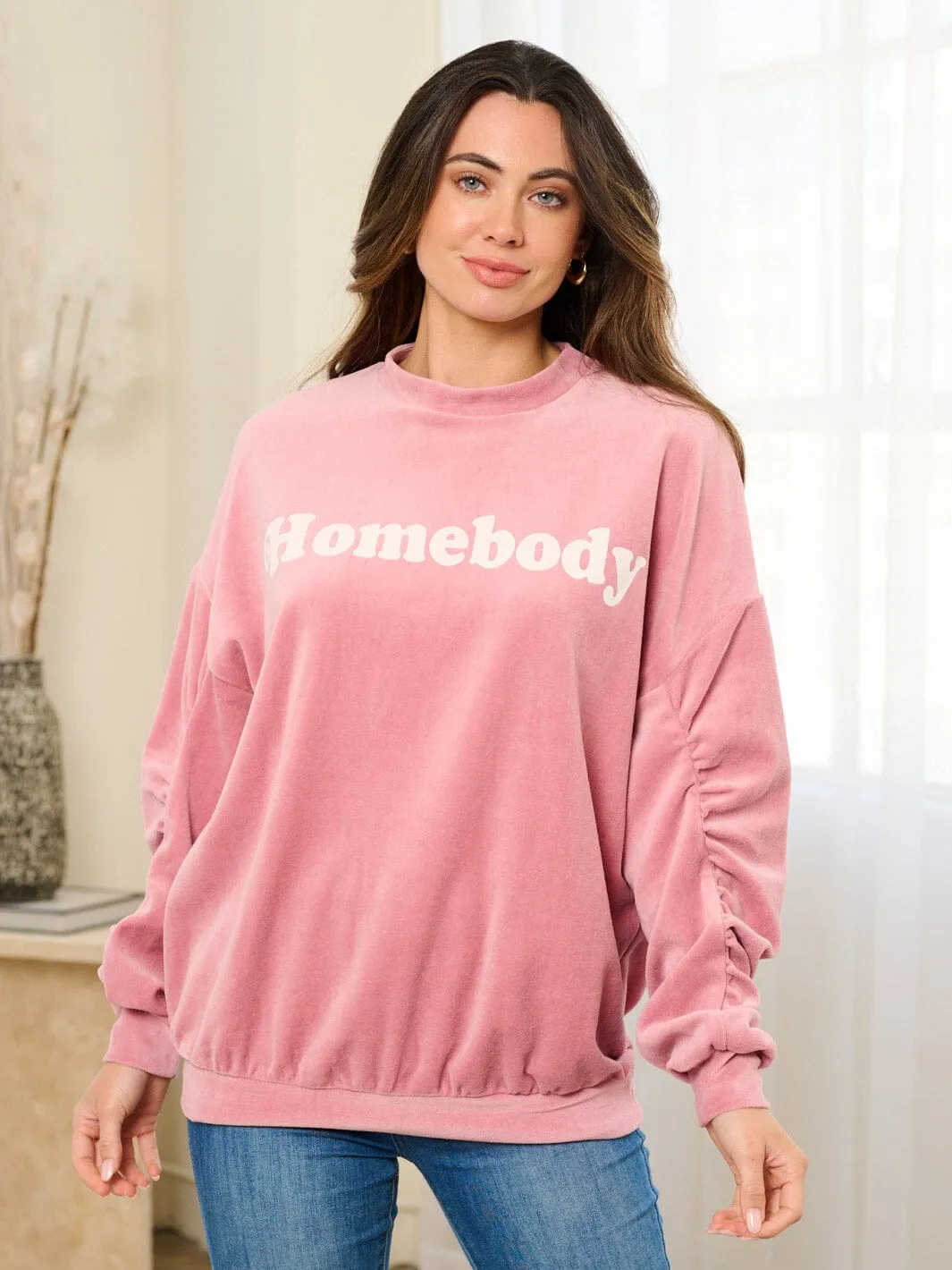 WOMEN'S LONG RUCHED SLEEVE  PULLOVER GRAPHIC SWEATER