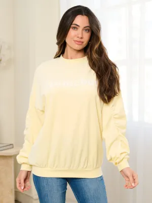 WOMEN'S LONG RUCHED SLEEVE  PULLOVER GRAPHIC SWEATER