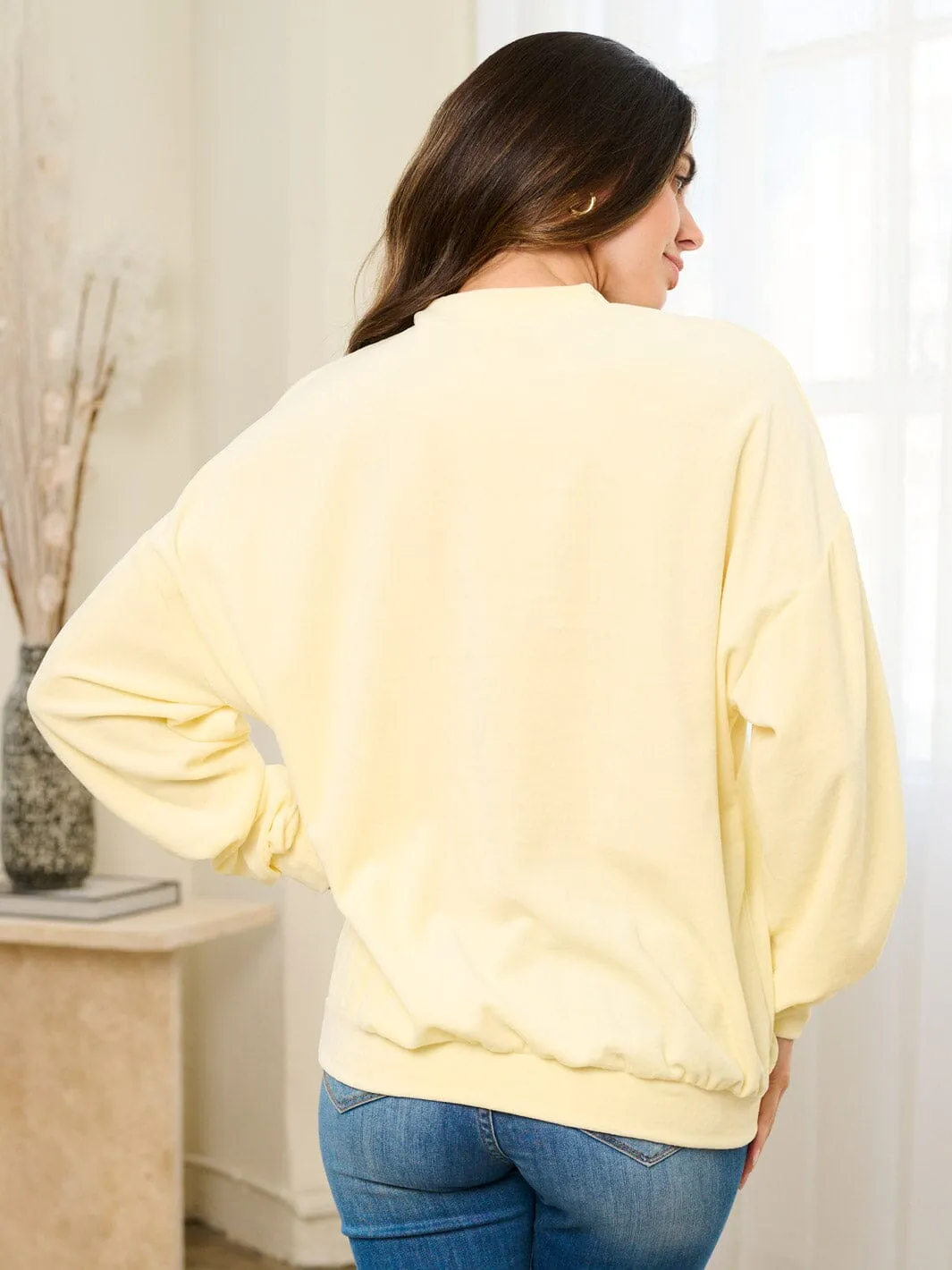 WOMEN'S LONG RUCHED SLEEVE  PULLOVER GRAPHIC SWEATER